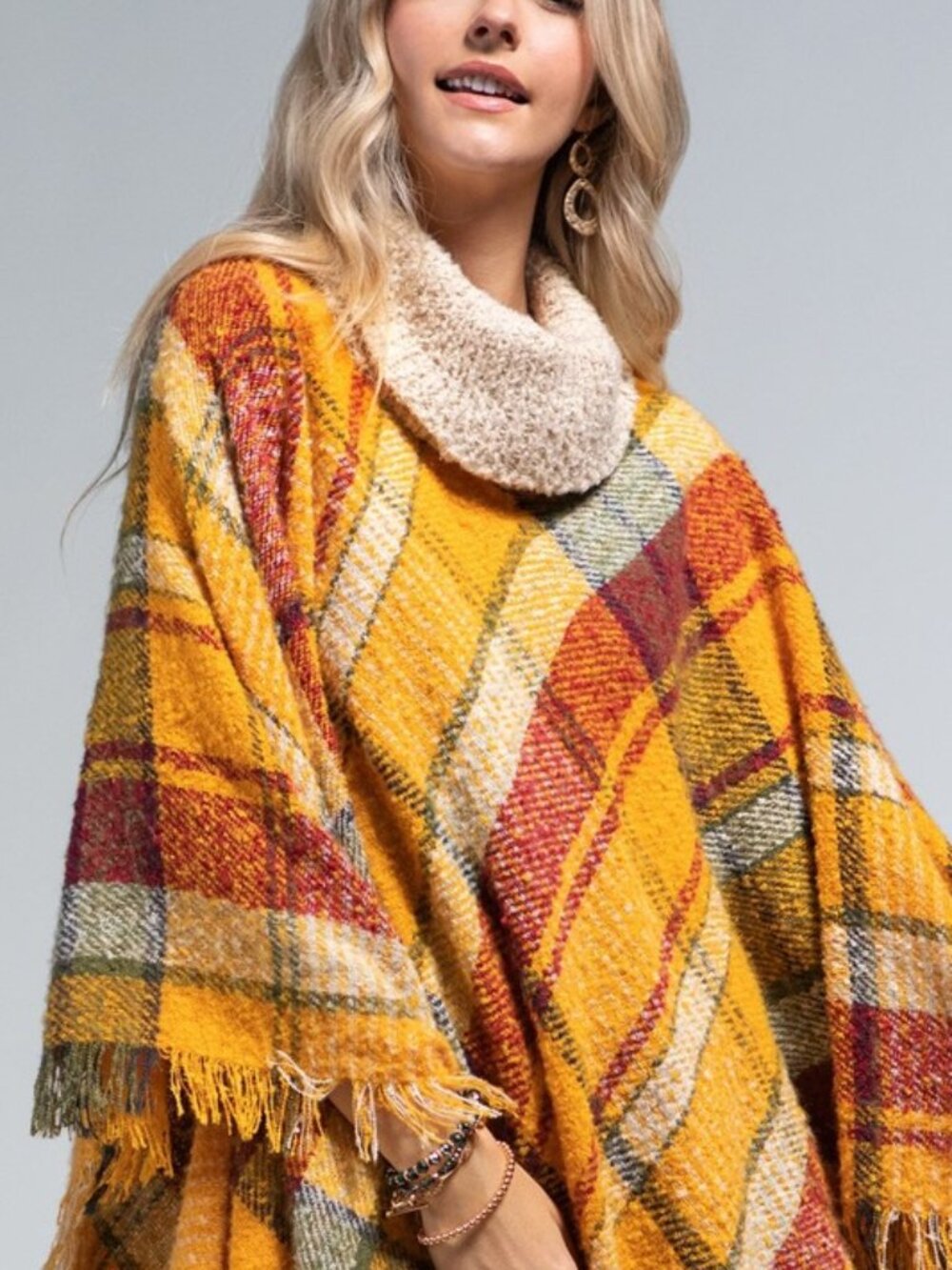 Bold Plaid Turtleneck Poncho with Fringe